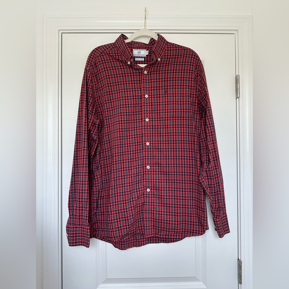 Southern Tide Red and Navy Plaid Button-Down Shirt